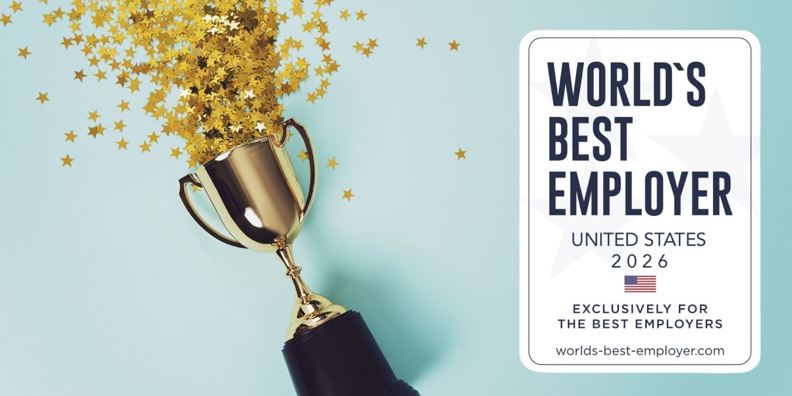 Golden trophy with star confetti, promoting "World's Best Employer - United States 2026."