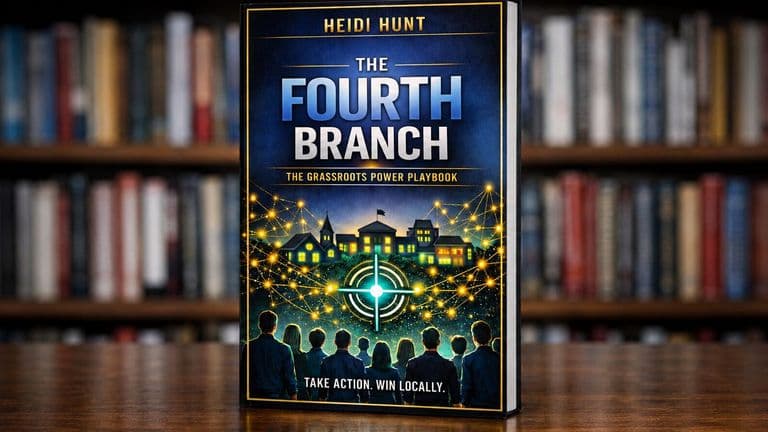 Book cover of The Fourth Branch by Heidi Hunt featuring community members, glowing civic network, and local government imagery.