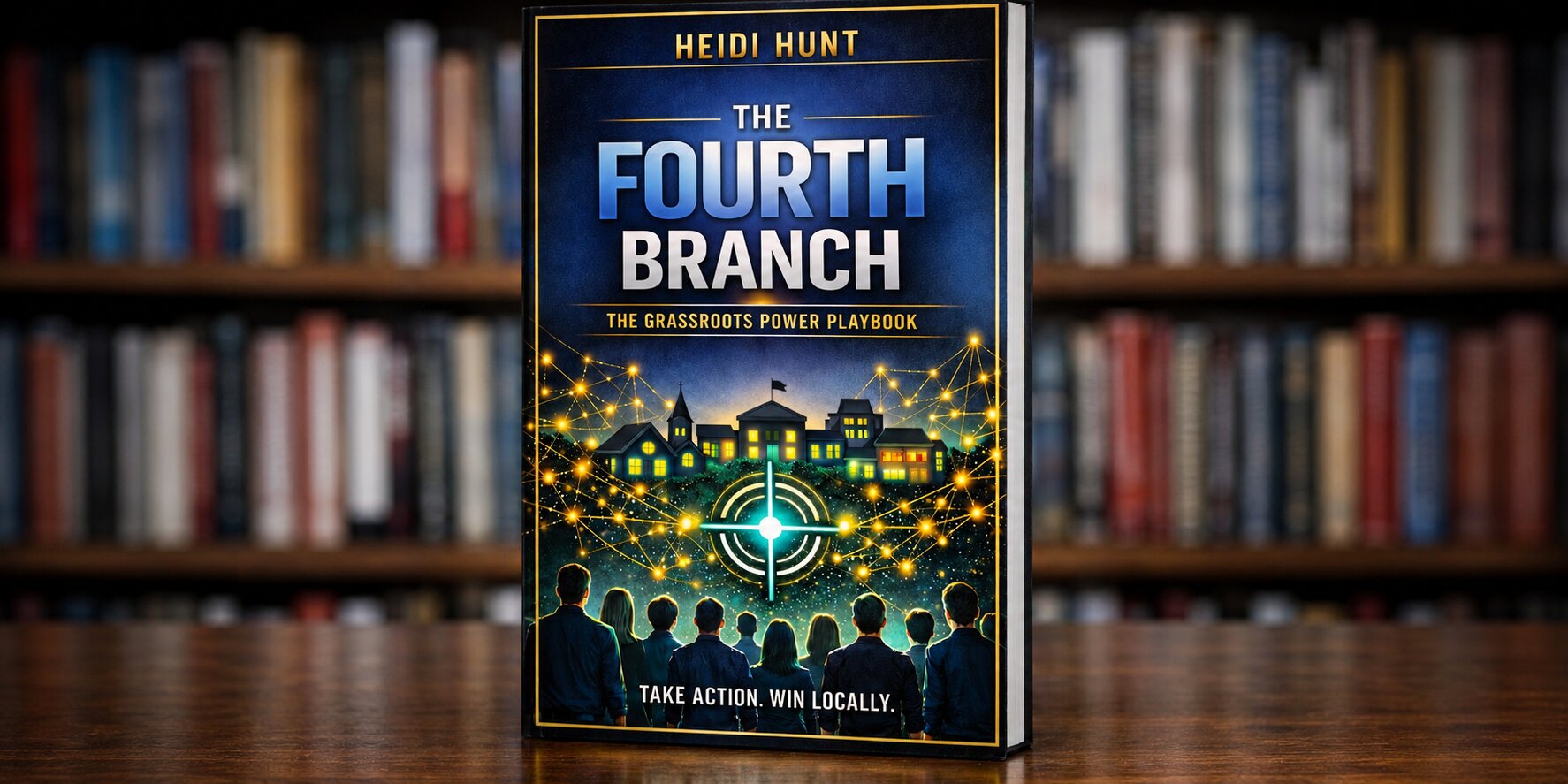 Book cover of The Fourth Branch by Heidi Hunt featuring community members, glowing civic network, and local government imagery.