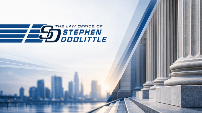 Modern law office branding graphic featuring courthouse columns, city skyline, and Stephen Doolittle law firm logo.