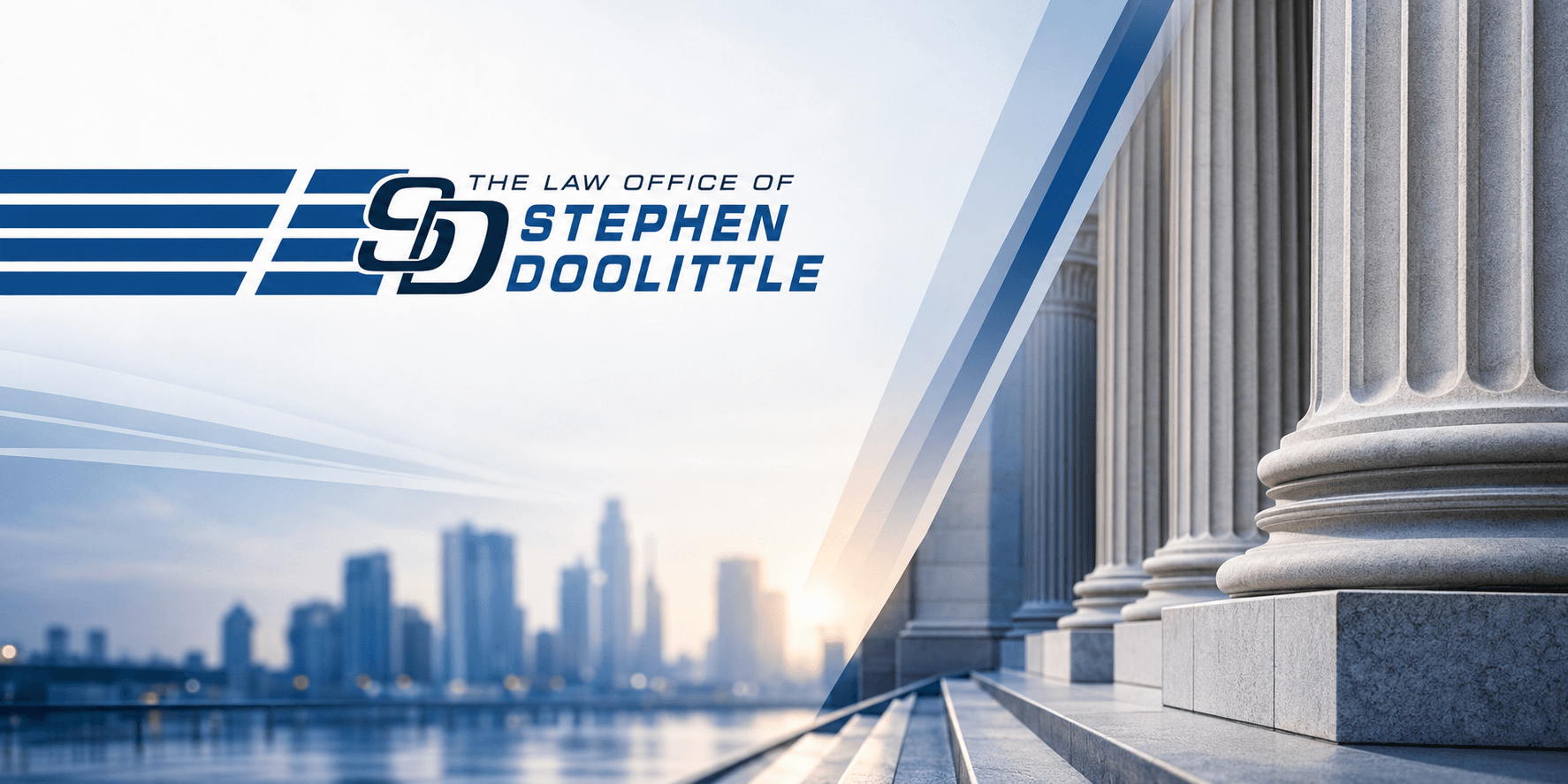 Modern law office branding graphic featuring courthouse columns, city skyline, and Stephen Doolittle law firm logo.