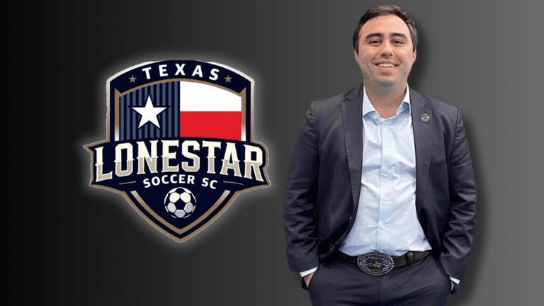Brad Namdar stands beside the Texas Lone Star SC logo, announced as the club’s new General Manager.