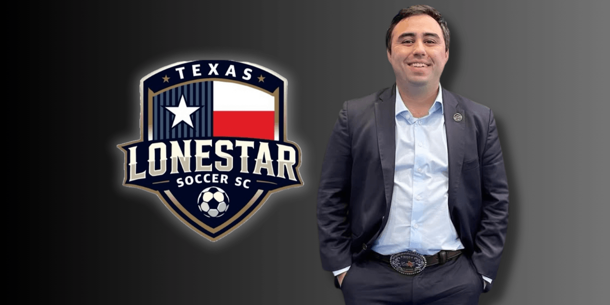Brad Namdar stands beside the Texas Lone Star SC logo, announced as the club’s new General Manager.