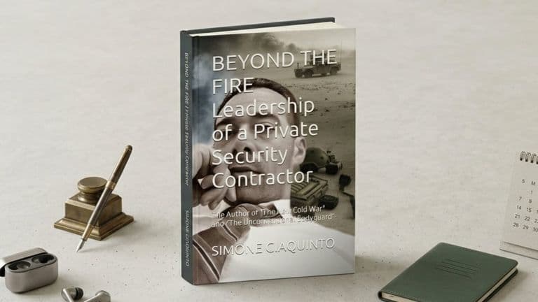A book titled "Beyond the Fire: Leadership of a Private Security Contractor" stands on a light surface with surrounding office items, conveying professionalism.