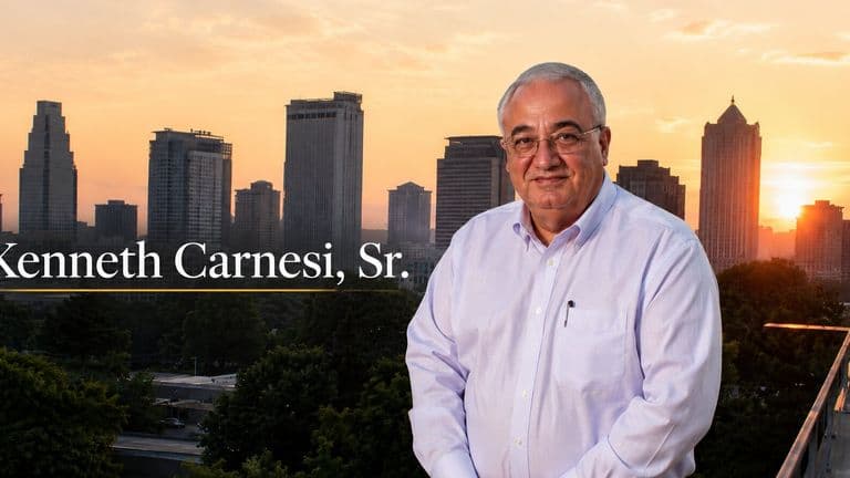 Portrait of Kenneth Carnesi, Sr. in front of a city skyline at sunset, accompanying article about EyeWatch biometric authentication patents.