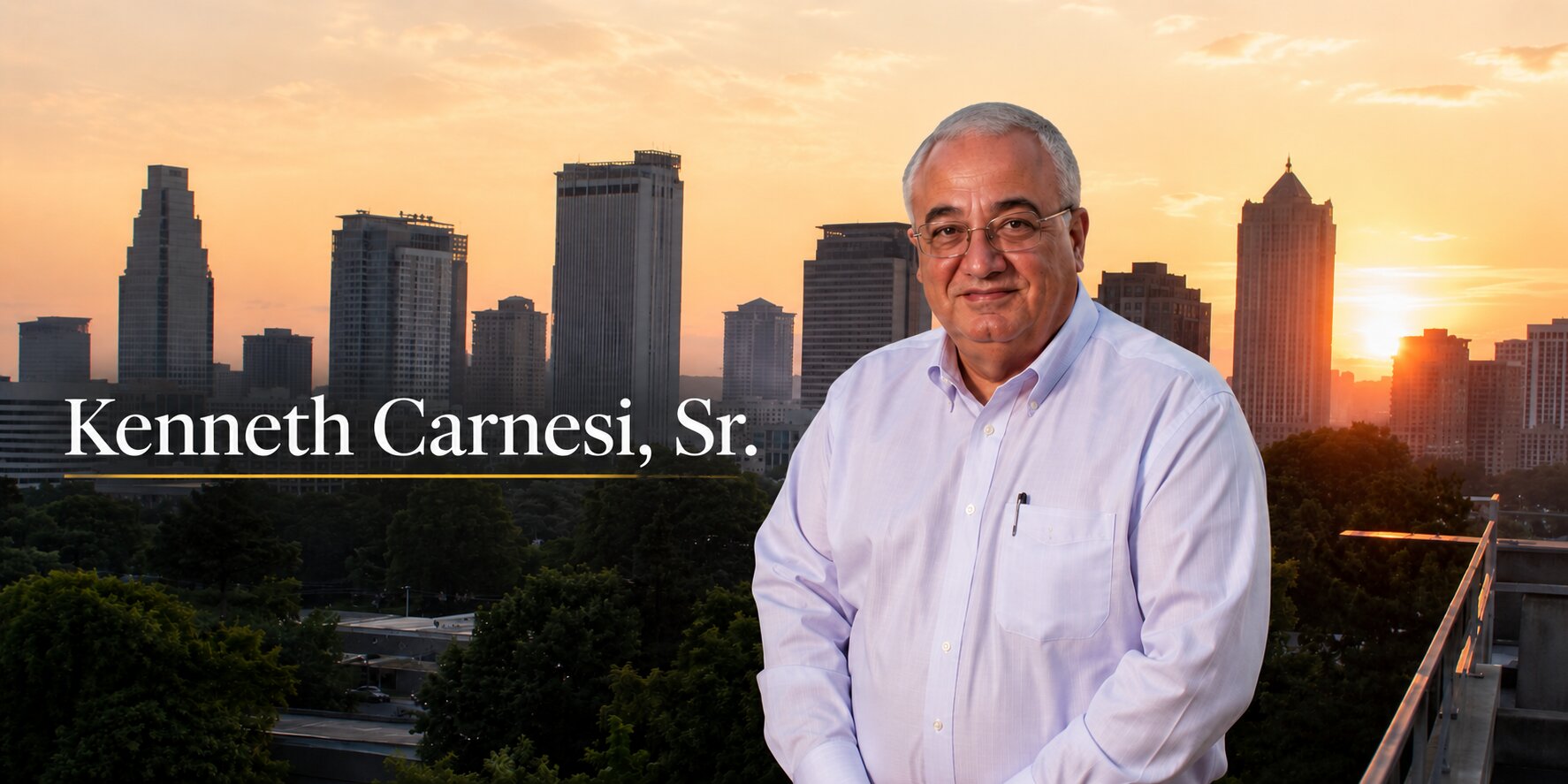 Portrait of Kenneth Carnesi, Sr. in front of a city skyline at sunset, accompanying article about EyeWatch biometric authentication patents.