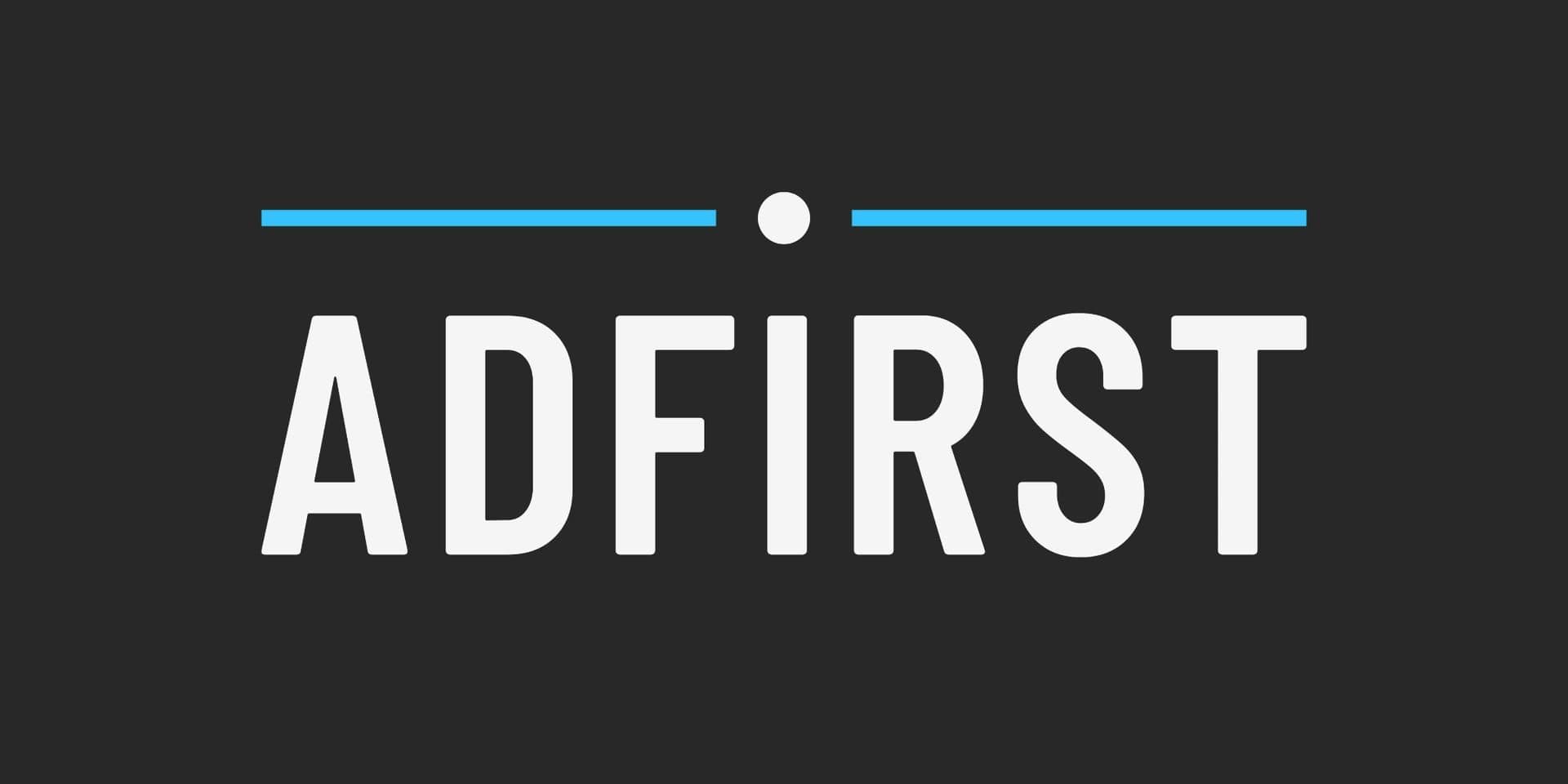 **AdFirst logo featuring white text on a dark background with blue accent lines.**
