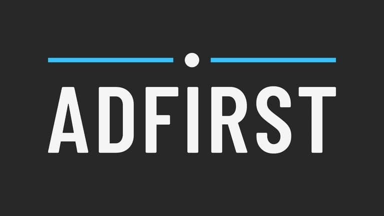 **AdFirst logo featuring white text on a dark background with blue accent lines.**