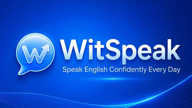 WitSpeak logo with “Speak English Confidently Every Day” displayed on a blue background.