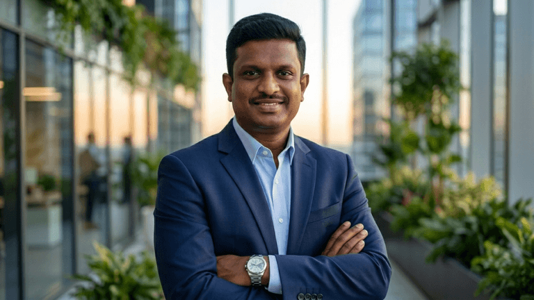 Businessman in suit smiling with arms crossed in modern office corridor with plants and glass walls.