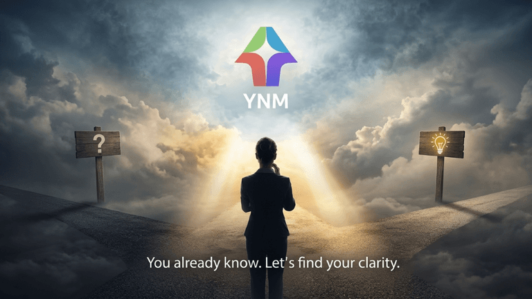 Person standing at a crossroads beneath dramatic clouds, symbolizing clarity, career decisions, and guided transformation.