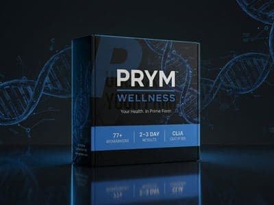 PRYM Wellness laboratory testing kit displayed against a dark background with blue DNA graphics.