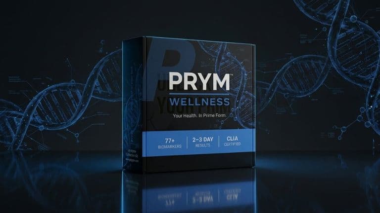 PRYM Wellness laboratory testing kit displayed against a dark background with blue DNA graphics.