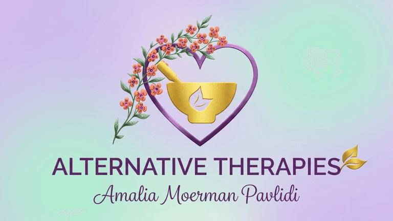 Alternative Therapies BV logo featuring floral heart design, mortar and pestle, and natural wellness branding.
