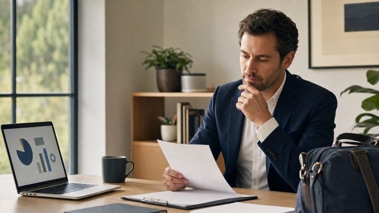 Business professional reviewing retirement documents beside a laptop displaying financial charts.