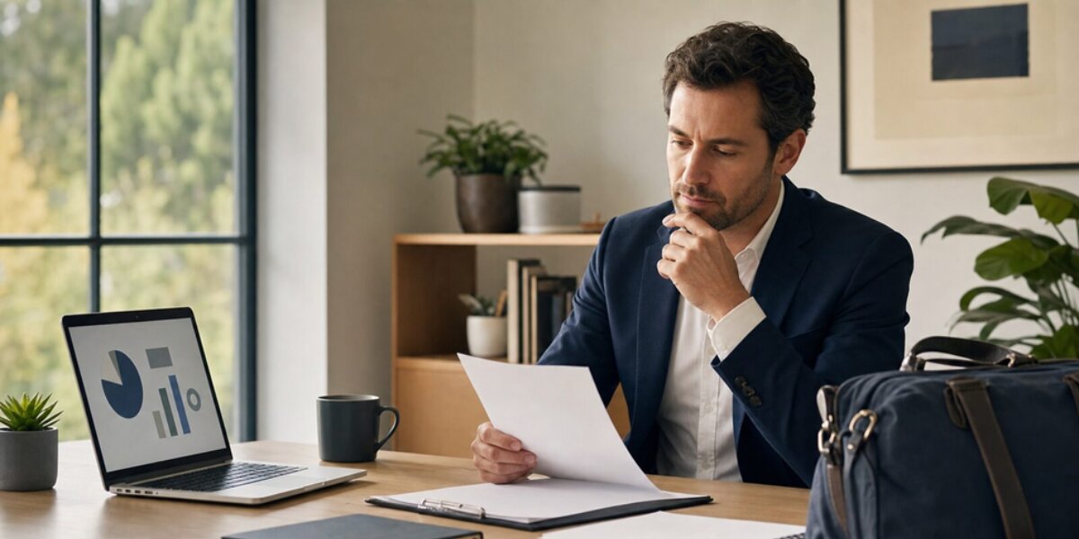 Business professional reviewing retirement documents beside a laptop displaying financial charts.