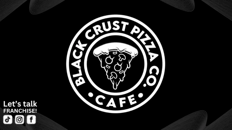 BLACKCRUST Pizza Cafe logo with stylized pizza slice inside circular text on black background.