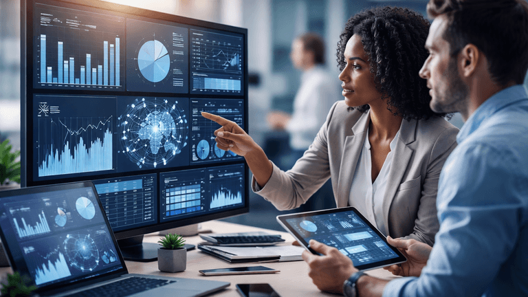 Professionals analyzing data visualizations on large screens and tablets in a modern office environment.