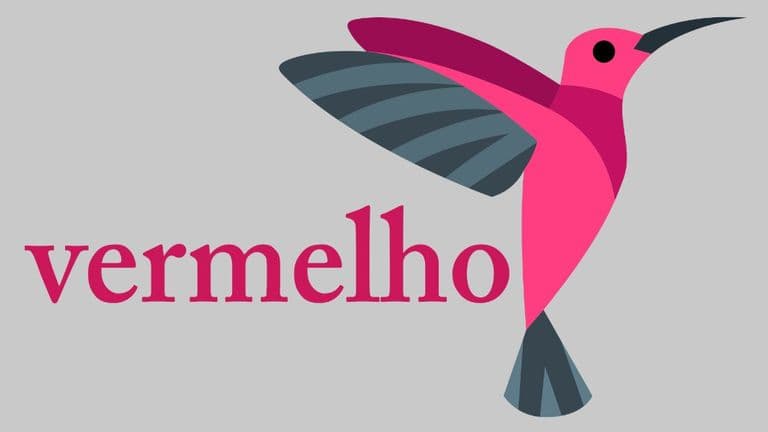 Vermelho logo featuring pink hummingbird illustration beside company name on grey background.