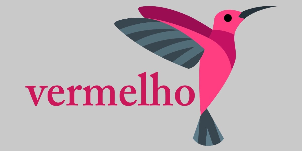 Vermelho logo featuring pink hummingbird illustration beside company name on grey background.