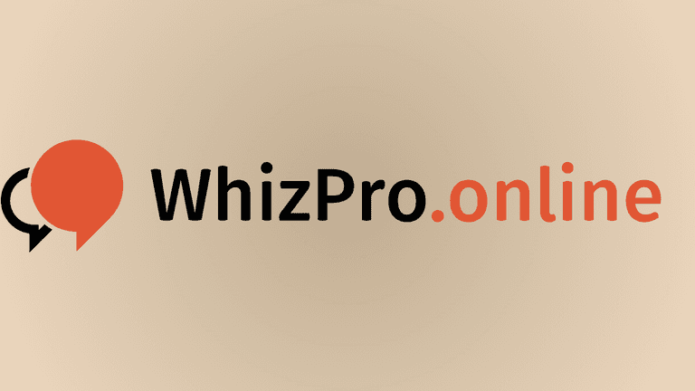 WhizPro.online logo with orange speech bubble icon and black text on beige background.