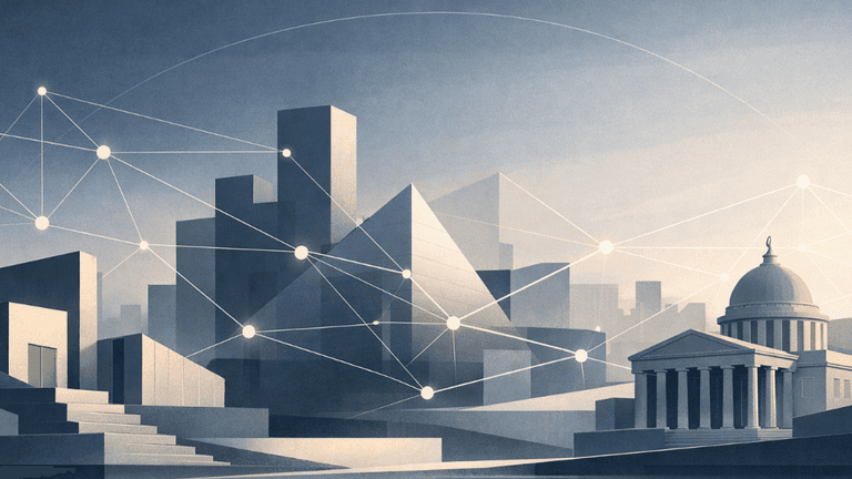 A stylized cityscape with interconnected geometric structures, representing data and digital networks.