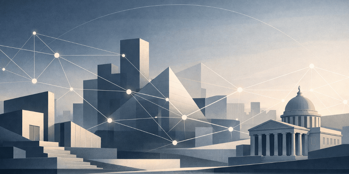 A stylized cityscape with interconnected geometric structures, representing data and digital networks.