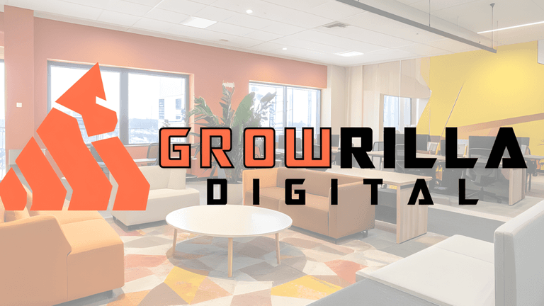 Modern office space with Growrilla Digital logo, an ecommerce marketing agency specializing in small business growth and transparency.