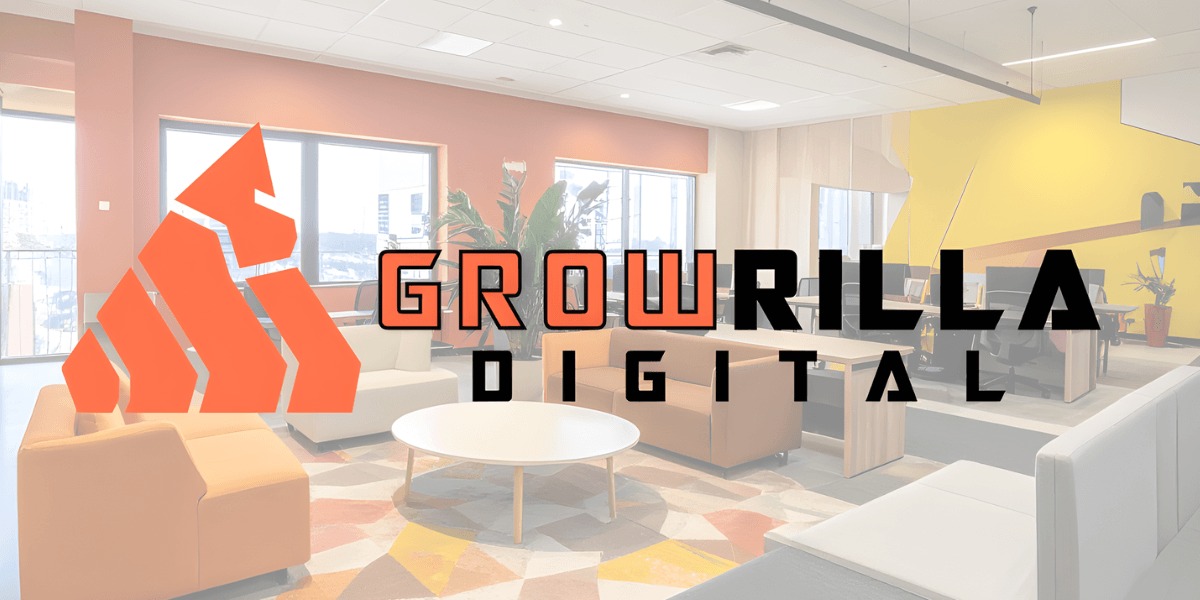 Modern office space with Growrilla Digital logo, an ecommerce marketing agency specializing in small business growth and transparency.