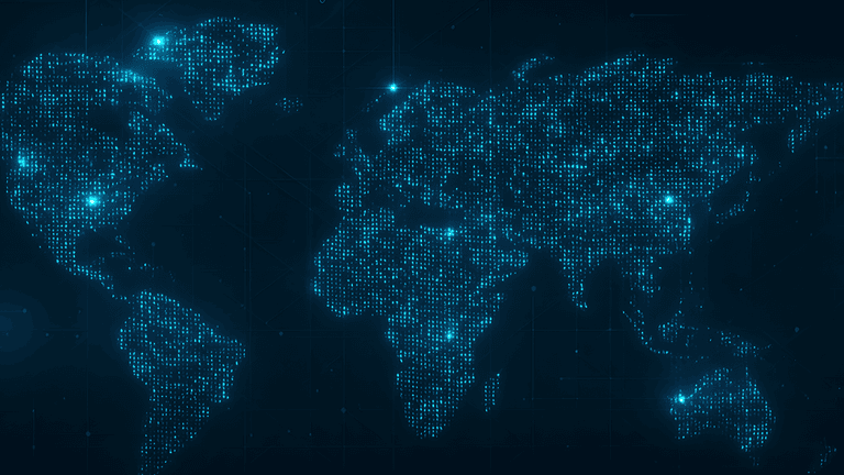Global digital map with glowing points representing data networks, aligning with Tamara Stukalski’s leadership in Data Science.