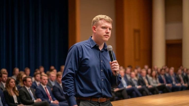 Alexander Hall speaks into a microphone before a large audience during a faith, leadership, and ministry event.