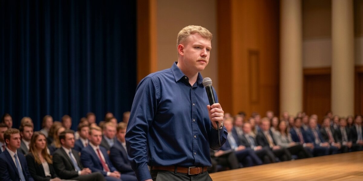 Alexander Hall speaks into a microphone before a large audience during a faith, leadership, and ministry event.