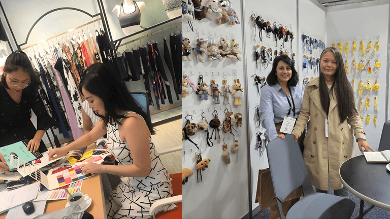 "Thu Nguyen and Kylie Tchebykin collaborating at a trade event, showcasing the innovative products and craftsmanship of Chinese manufacturing."