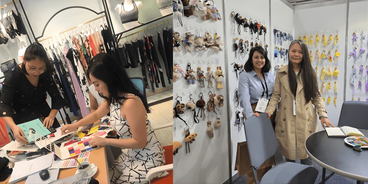 "Thu Nguyen and Kylie Tchebykin collaborating at a trade event, showcasing the innovative products and craftsmanship of Chinese manufacturing."
