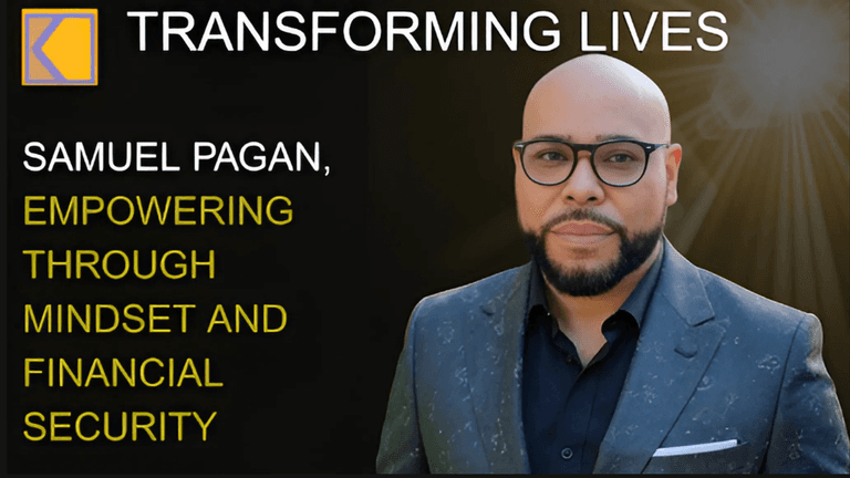 Man in suit and glasses beside text about Samuel Pagan’s mindset and financial empowerment message.