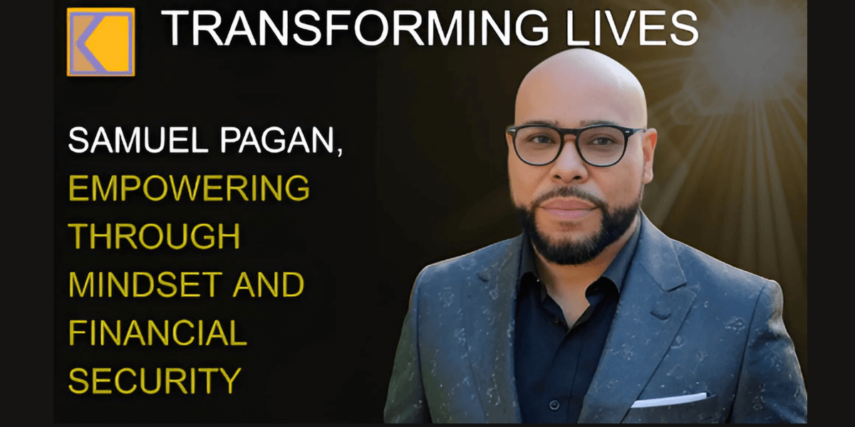 Man in suit and glasses beside text about Samuel Pagan’s mindset and financial empowerment message.
