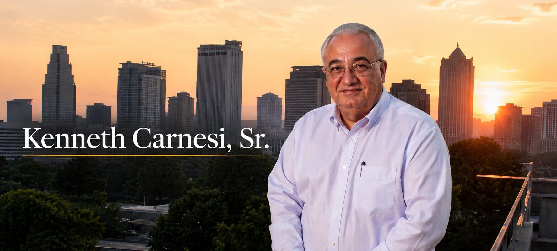 Portrait of Kenneth Carnesi, Sr. in front of a city skyline at sunset, accompanying article about EyeWatch biometric authentication patents.